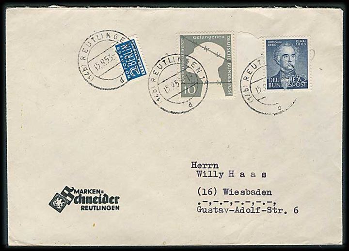 30 pfg. Liebig og 10 pfg. Gefangenen, samt 2 pfg. Berlin Notopfer på brev fra Reutlingen d. 15.9.1953 til Wiesbaden.