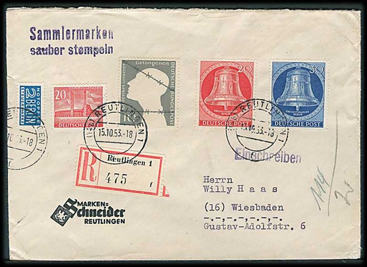 Berlin 20 pfg., 30 pfg. Klokke, 20 pfg. Stadion, samt BDR 10 pfg. Gefangenen og 2 pfg. Berlin Notopfer på anbefalet brev fra Reutlingen d. 15.10.1953 til Wiesbaden.