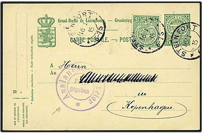 5 cent grøn helsag opfrankeret med 5 cent fra Steinfort, Luxembourg, d. 16.1.1915 til København. Tysk censur.