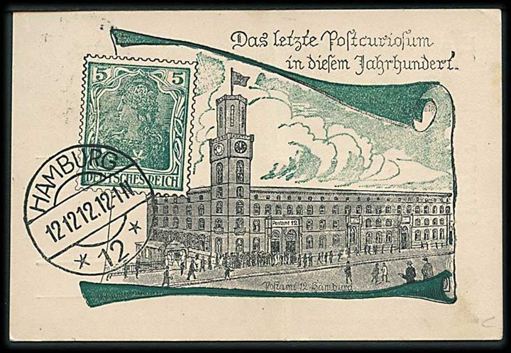 5 pfg. Germania på lokalt særpostkort annulleret Hamburg 12 d. 12.12.1912. Fold.
