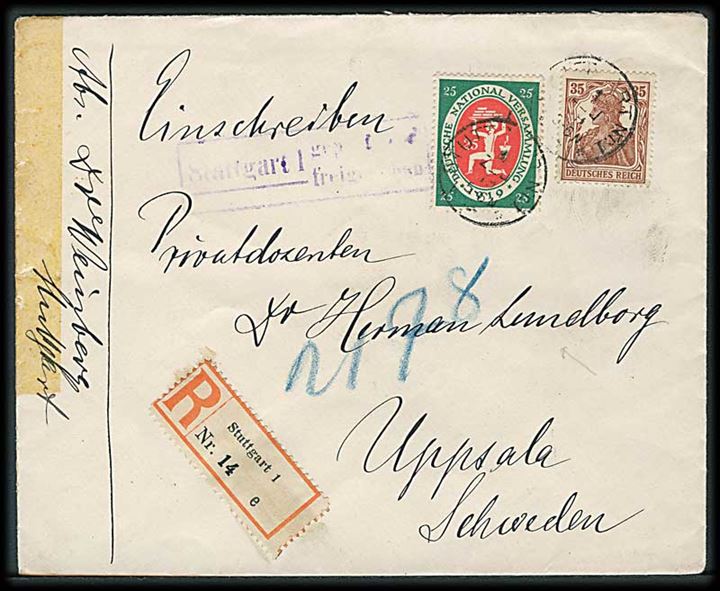 25 pfg. Weimar og 35 pfg. Germania på anbefalet brev fra Stuttgart d. 1.12.1919 til Uppsala, Sverige. Tysk censur. Tape rest i venstre side.