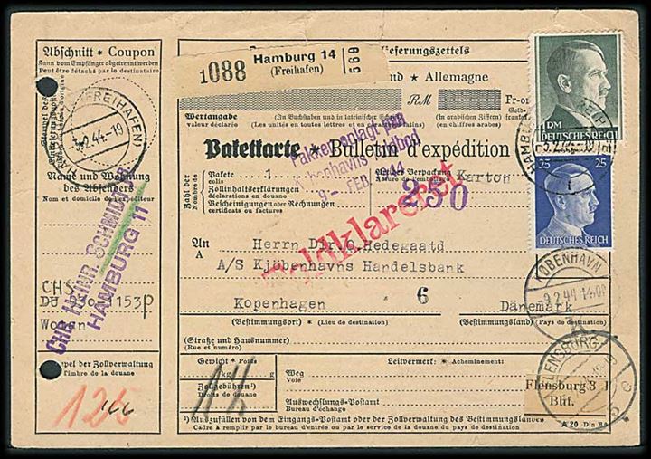25 pfg. og 1 mk. Hitler udg. på internationalt adressekort for pakke fra Hamburg Freihafen d. 3.2.1944 til København, Danmark. 2 arkivhuller.