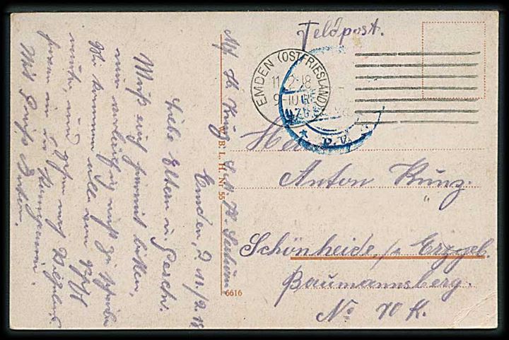 Ufrankeret feltpostkort fra Emden d. 11.2.1918 til Schönheide. Fra SMH Seeheim. Svag censur.