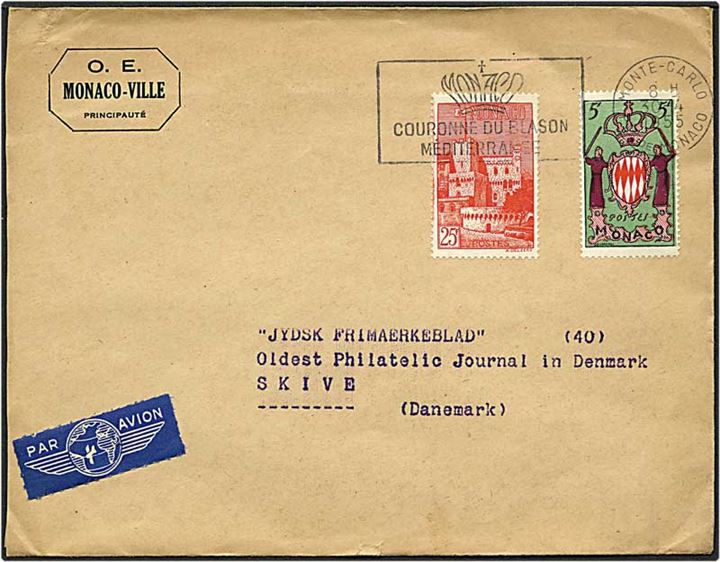 30 frank på luftpost brev fra Monte-Carlo, Monaco, d. 30.4.1955 til Skive.
