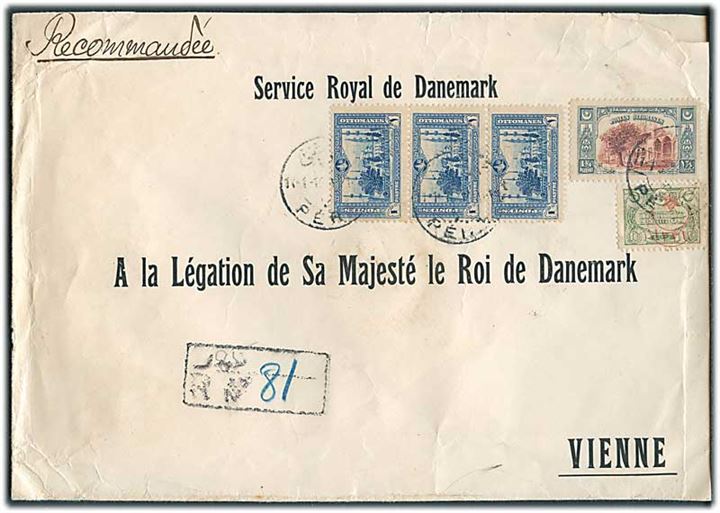 Blandingsfrankeret fortrykt kuvert fra Pera d. 11.1.1913 til danske legation i Wien, Østrig. På bagsiden laksegl fra danske gesandtskab i Konstantinopel.