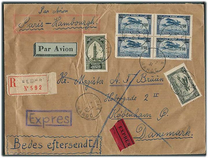 9,50 fr. blandingsfrankeret anbefalet luftpost ekspresbrev fra Fedhala d. 2.7.1931 via Paris til København, Danmark.