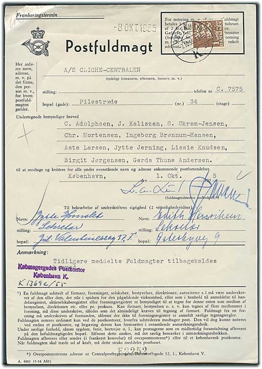 1 kr. Rigavåben med perfin B.T. (Berlingske Tidende) stemplet København d. 7.10.1955 som gebyr på Postfuldmagt for A/S Cliche-Centralen i København.