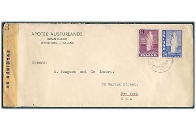 15 aur og 45 aur Geysir på brev fra Reykjavik d. 5.7.1943 til New York, USA. Åbnet af amerikansk censur.