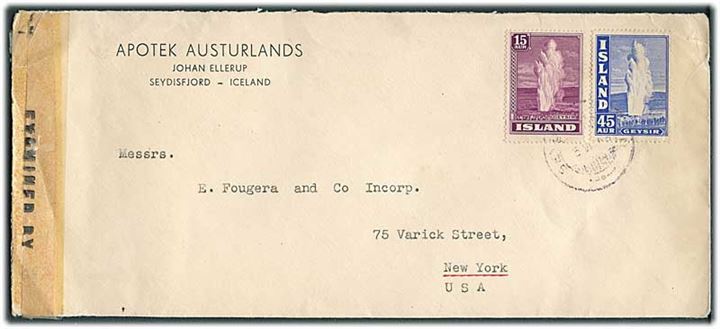 15 aur og 45 aur Geysir på brev fra Reykjavik d. 5.7.1943 til New York, USA. Åbnet af amerikansk censur.