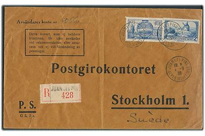1,75 fr. og 2 fr. på anbefalet brev fra Juan les Pins d. 1.9.1938 til Postgirokontoret i Stockholm, Sverige.