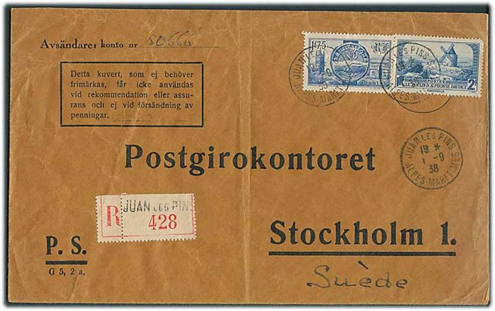 1,75 fr. og 2 fr. på anbefalet brev fra Juan les Pins d. 1.9.1938 til Postgirokontoret i Stockholm, Sverige.