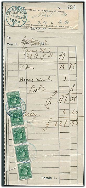 10 c. (5) fiskal mærker på regning vedhæftet telegram regning stemplet Roma d. 11.9.1934.
