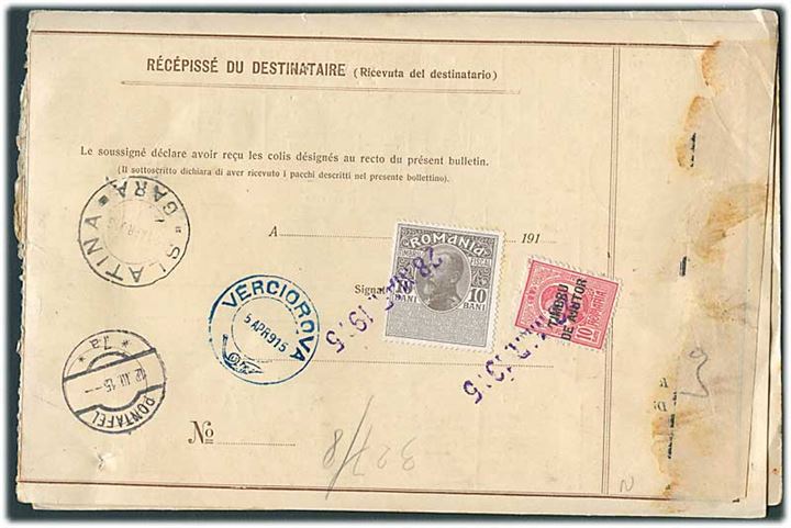 To sammenhæftede internationale adressekort for 5 pakker fra Alessandria d. 9.3.1915 til Slatina, Rumænien. På bagsiden rumænske gebyrmærker.