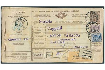 To sammenhæftede internationale adressekort for 2 pakker fra Intra d. 21.2.1914 til Slatina, Rumænien. På bagsiden rumænske gebyrmærker.