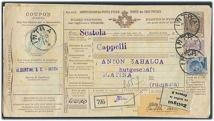 To sammenhæftede internationale adressekort for 2 pakker fra Intra d. 21.2.1914 til Slatina, Rumænien. På bagsiden rumænske gebyrmærker.