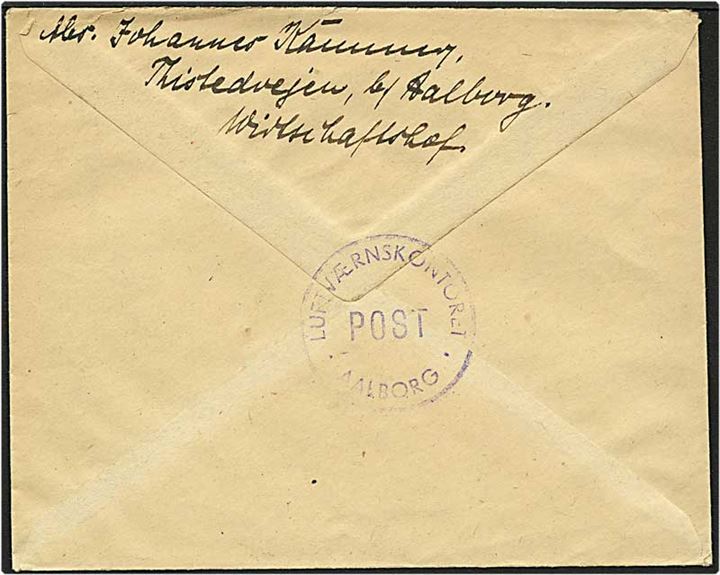 20 øre rød frankostempel på brev fra Aalborg d. 17.7.1947 til København. Stemplet Luftværnskontoret / Aalborg Post.
