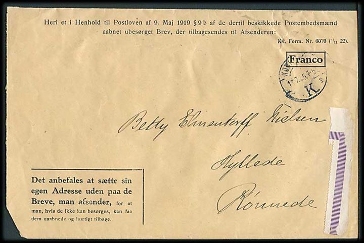 Fortrykt franco-kuvert til ubesørgelige breve Kv. Form. Nr. 6070 (1/11 22) fra København d. 12.7.1925 til Rønnede.