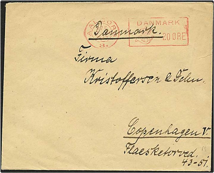 20 øre rød frankostempel på brev fra Aalborg d. 17.7.1947 til København. Stemplet Luftværnskontoret / Aalborg Post.