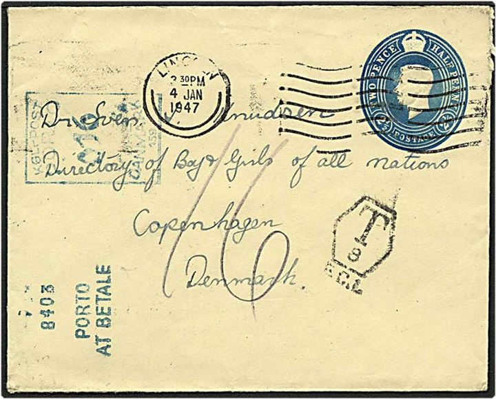 2½ pence blå helsag fra England d. 4.1.1947 til København. Sat i porto med 16 øre.