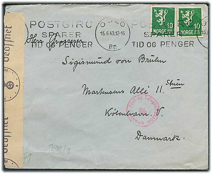 10 øre Løve (2) på brev fra Oslo d. 15.6.1943 til København, Danmark. Åbnet af tysk censur i Oslo og passér stemplet ved censuren i København.