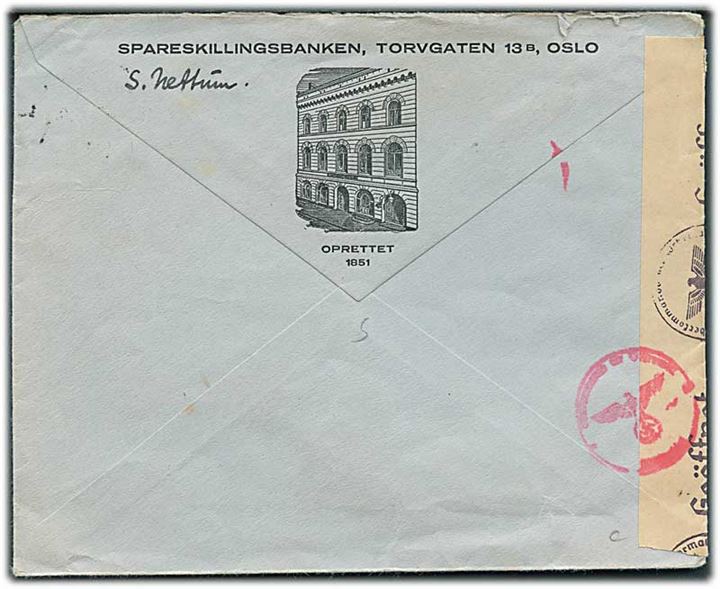 10 øre Løve (2) på brev fra Oslo d. 15.6.1943 til København, Danmark. Åbnet af tysk censur i Oslo og passér stemplet ved censuren i København.