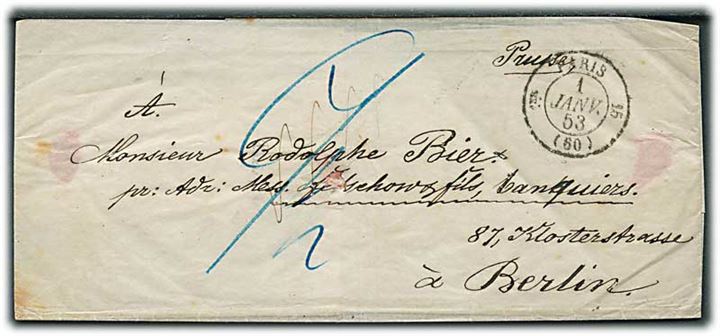 1853. Ufrankeret korsbånd fra Paris d. 1.1.1852 til Berlin, Preussen.