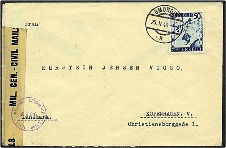 50 groschen på brev fra Gmunden, Østrig, d. 25.11.1946 til København. Efterkrigscensur.