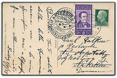 25 c. og 50 c. på brevkort fra Taormina d. 25.6.1938 til Nakskov, Danmark - eftersendt til poste restante i Nykøbing Sj.