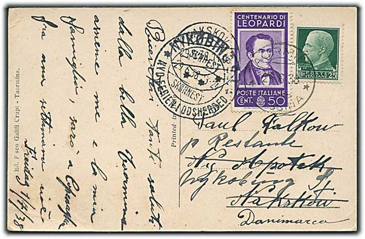 25 c. og 50 c. på brevkort fra Taormina d. 25.6.1938 til Nakskov, Danmark - eftersendt til poste restante i Nykøbing Sj.
