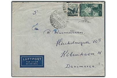 10 l. og 25 l. på luftpostbrev fra Genova d. 22.7.1947 til København, Danmark. Fra sømand ombord på M/S Kambodia.