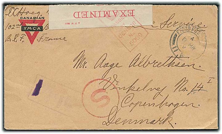 Fortrykt Canadian YMCA kuvert sendt som ufrankeret feltpost stemplet Field Post Office 11 P d. 8.3.1919 til København. Dobbelt censureret med rødt S stempel, benyttet på feltpost til neutrale lande.