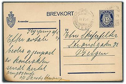 15 øre helsagsbrevkort annulleret med sejlende bureaustempel Hardanger-Sunnhordland Posteksp. E d. 11.5.1924 til Bergen. Kortet brændt i venstre hjørne.