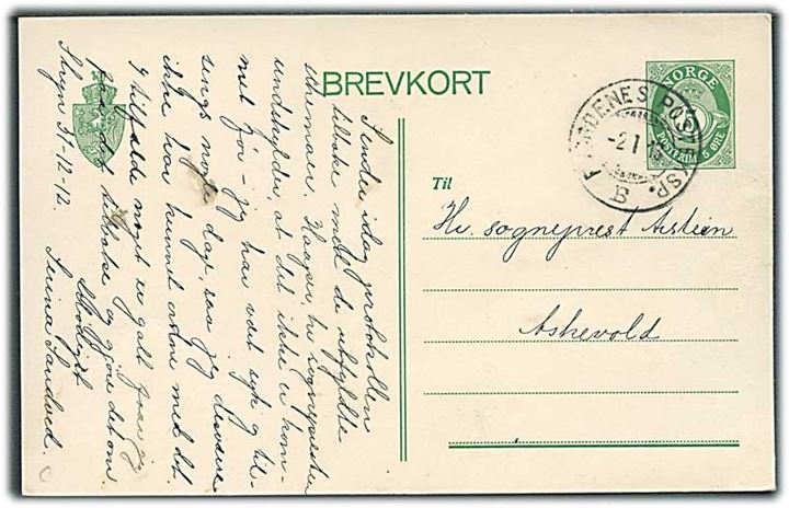 5 øre helsagsbrevkort dateret Stryn d. 31.12.1912 annulleret med sejlende bureaustempel Fjordenes Posteksp. B d. 2.1.1913 til Askevold.
