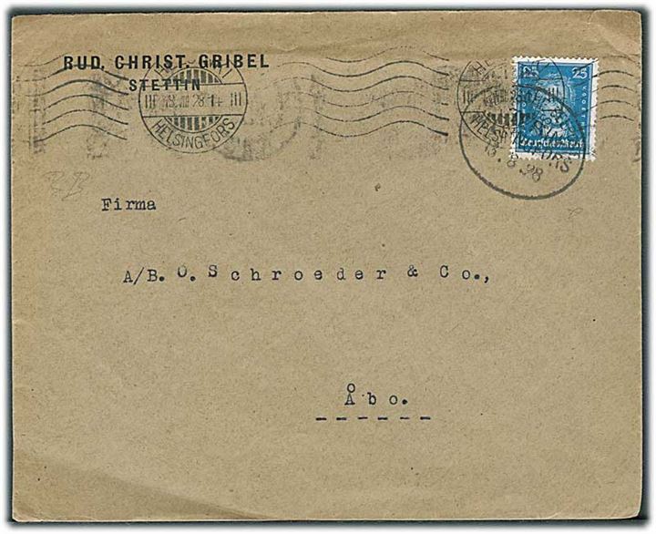 25 pfg. Goethe på skibsbrev annulleret med ovalt stempel Deutsche Seepost Stettin - Helsingfors d. 13.8.1928 og Helsingfors d. 13.8.928 til Åbo, Finland.