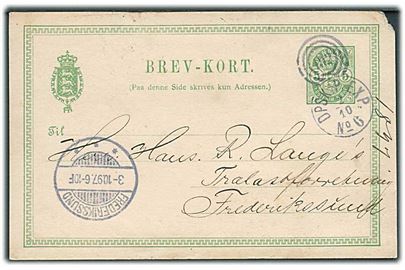 5 øre Våben helsagsbrevkort fra Nyborg annulleret med dampskibsstempel 192/DPSK:P:EXP: No. 6 d. 2.10.1897 til Frederikssund. Hjørneskade.