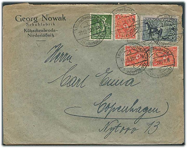 100 pfg., 3 mk. (3) og 20 mk. på 30 mk. frankeret inflabrev fra Kötzschenbroda d. 23.10.1922 til København, Danmark.