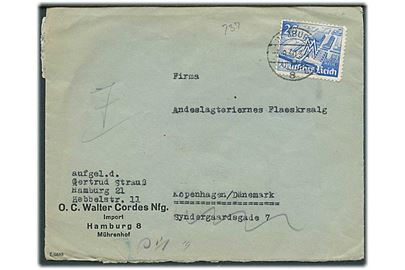 75 pfg. Leipziger Messe single på brev fra Hamburg d. 3.9.1940 til København, Danmark. Åbnet af tysk censur i Hamburg.