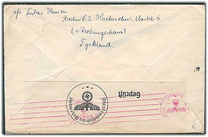 75 pfg. Leipziger Messe single på brev fra Berlin d. 30.10.1940 til København, Danmark. Åbnet af tysk censur i Berlin.