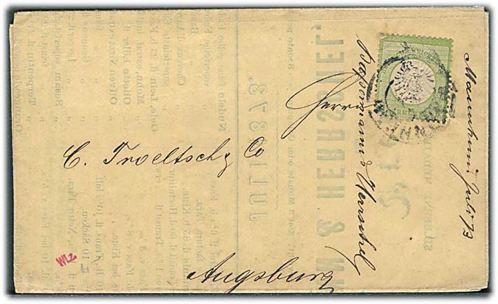 1 kr. Stort Brystskjold single på tryksag fra Mannheim d. x.7.1873 til Augsburg.