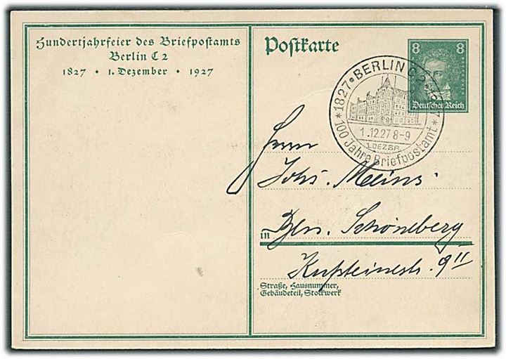 8 pfg. Beethoven illustreret helsagsbrevkort Hundertjahrfeier des Briefpostamts Berlin C2 annulleret med særstempel d. 1.12.1927 og sendt lokalt i Berlin.
