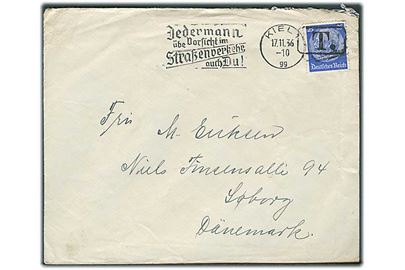 25 pfg. Hindenburg på brev med skævt placeret maskinstempel fra Kiel d. 17.11.1936 annulleret med rammestempel T. (portostempel) til Søborg, Danmark. Ikke udtakseret i porto.