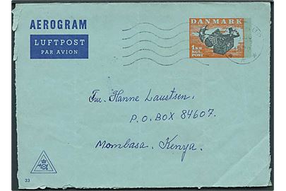 1 kr. helsags aerogram (fabr. 33) fra Tåstrup d. x.12.1972 til Mombasa, Kenya.