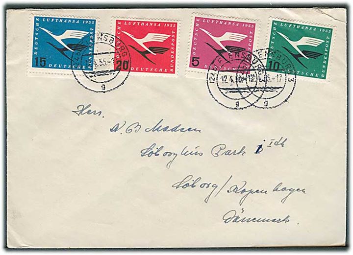 Komplet sæt Lufthansa på brev fra Flensburg d. 12.4.1955 til Søborg, Danmark.