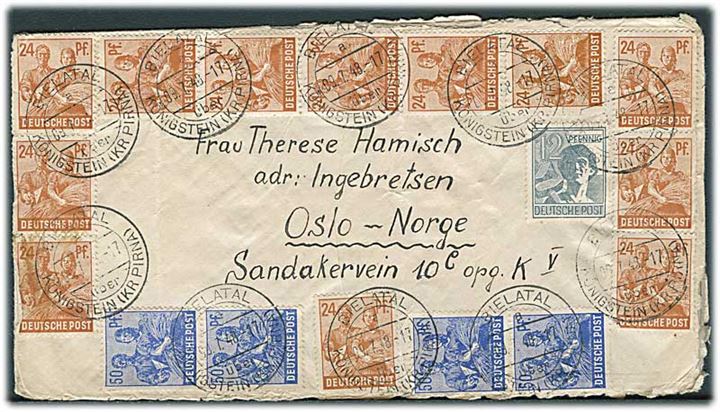 12 pfg., 24 pfg. (12) og 50 pfg. (4) på Zehnfach frankeret brev fra Bielatal d. 9.7.1948 til Oslo, Norge. God anvendelse til udlandet. Div. skader.