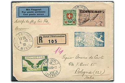 3,30 fr. blandingsfrankeret anbefalet luftpostbrev fra Zürich d. 2.12.1930 med Adastra Afrika-flug via Fez, Marokko til Bologna, Italien.