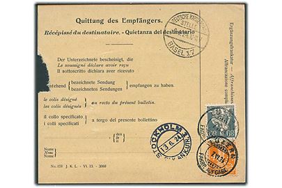 5 c. med perfin S.C., 80 c. og 1 kr. i 3-stribe på for- og bagside af internationalt adressekort for værdipakke fra Luzern d. 7.6.1924 via Kiel til Stockholm, Svberige.
