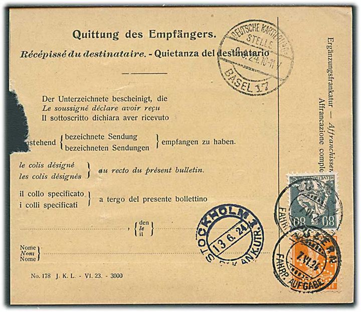 5 c. med perfin S.C., 80 c. og 1 kr. i 3-stribe på for- og bagside af internationalt adressekort for værdipakke fra Luzern d. 7.6.1924 via Kiel til Stockholm, Svberige.