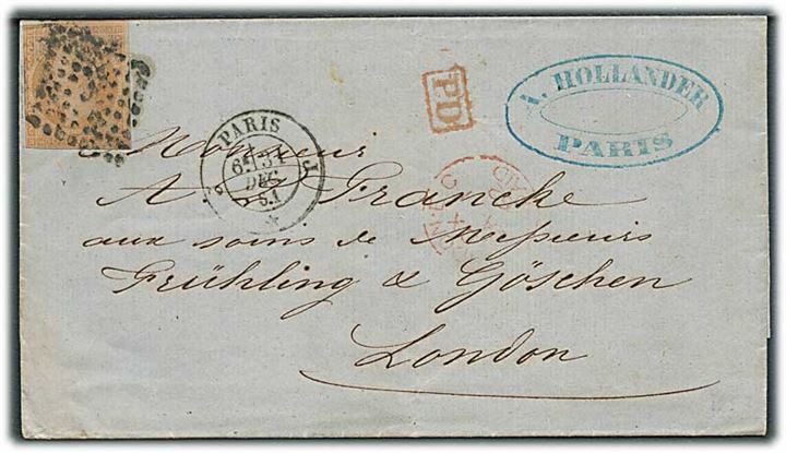 40 c. Napoleon III utakket på brev annulleret med rombe stempel og sidestemplet Paris d. 31.12.1861 til London, England. 