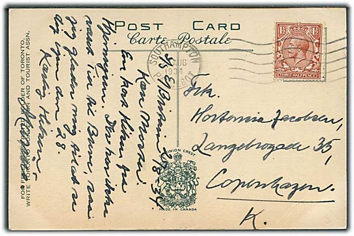 1½d George V på brevkort fra Toronto, Canada annulleret med britisk skibsstempel Southampton Paquebot d. 24.8.1934 til København, Danmark.