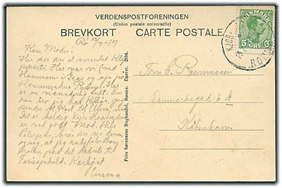 5 øre Chr. X på brevkort dateret Rø d. 13.7.1917 annulleret med sejlende bureaustempel Kjøbenhavn - * Rønne d. 14.7.1917 til København.
